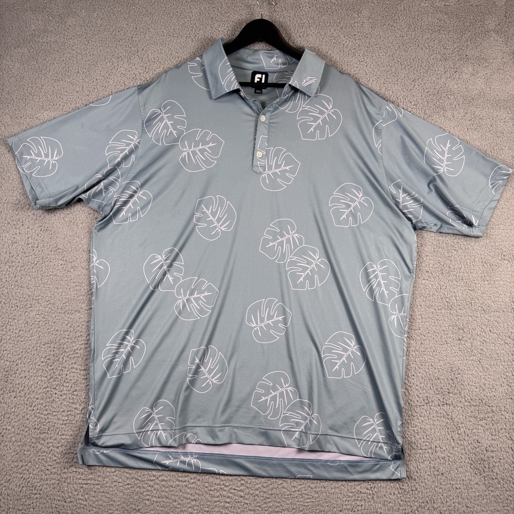 FootJoy Polo Mens 2XL Blue Tropical Leaf Omni Golf Performance Stretch Shirt